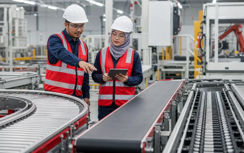 Factory engineers comparing conveyor system options in Malaysia