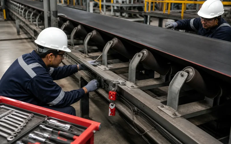 Technicians performing preventive maintenance on an industrial conveyor