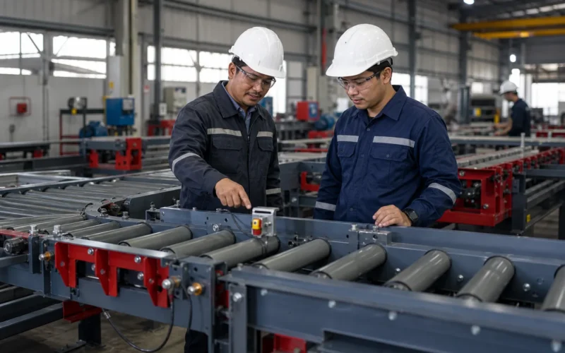 Malaysian engineers inspecting conveyor system build quality at a supplier workshop