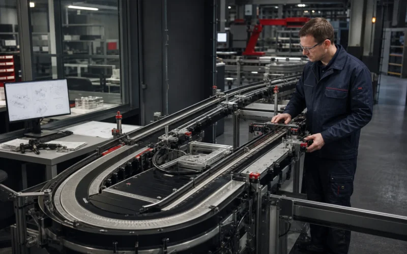 Engineer inspecting a custom conveyor design for a production line