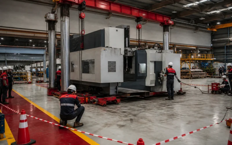 Heavy factory machine moving operation carried out by a specialist rigging team