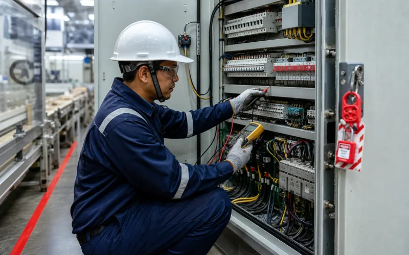Electrical engineer inspecting industrial wiring and control panel safety
