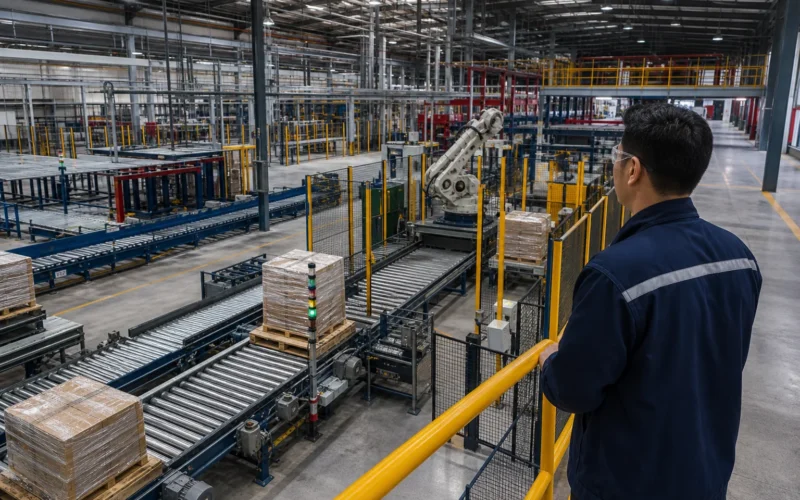 Automated material handling system with conveyors and robotics in a Malaysian factory