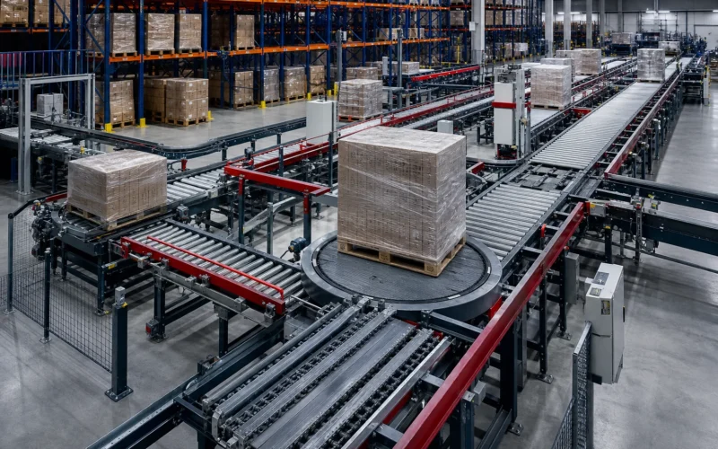Automated palletized conveyor system operating in a modern warehouse
