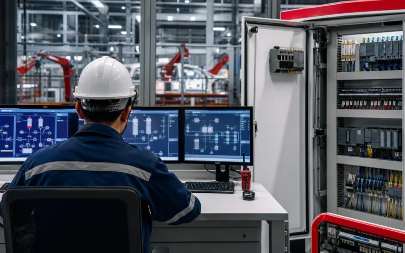 PLC and SCADA factory control system monitored by an engineer in Malaysia