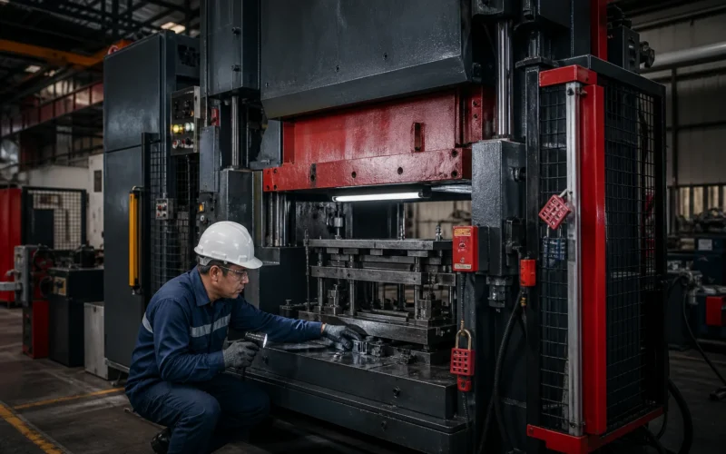Technician carrying out preventive maintenance on an industrial power press