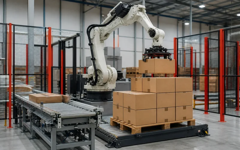 Robotic palletising system stacking cartons in a Malaysian warehouse